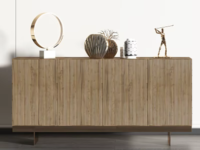 Modern Wooden Console Cabinet With Vertical Slats And Decorative Sculpture Vase Jar 3d model