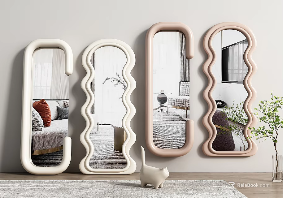 Four Wall Mounted Decorative Mirrors With Curved Frames In White And Pink Tones 3d model 
