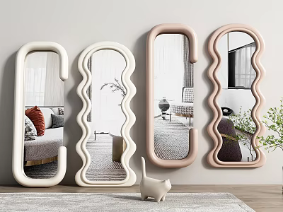 Four Wall Mounted Decorative Mirrors With Curved Frames In White And Pink Tones 3d model