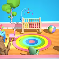 Cartoon Play Area With Teddy Bear Baby Crib Rainbow Rug Small Furniture And Colorful Ball