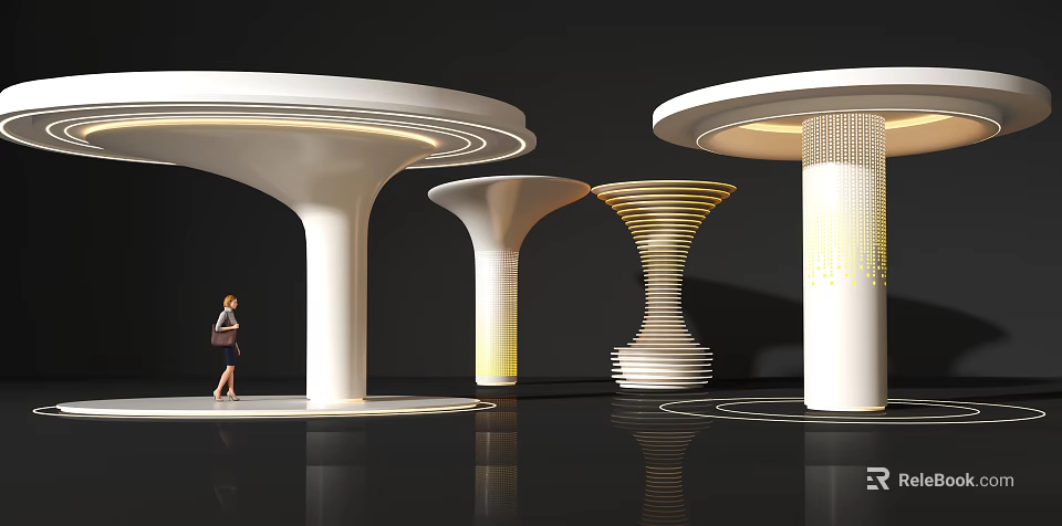 Modern Architectural Column Designs With Curved Tops Striped Patterns And Illuminated Bases 3d model 