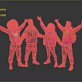 Four People In Colorful Neon Outfits With Arms Outstretched On Reflective Floor Gray Background