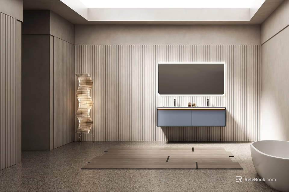 Modern Bathroom Interior With Vanity Mirror Bathtub And Floor Lamp 3d model 