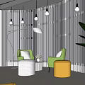 Modern Leisure Area Design With Green Plant Walls Hanging Lights And Round Seats