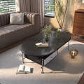 Black Coffee Table with Books Potted Plant and White Pillow in Modern Living Room