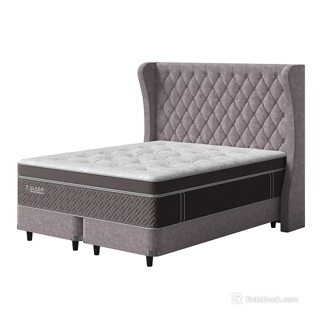 Grey Double Bed with Diamond Tufted Headboard and Comfortable Mattress 3d model