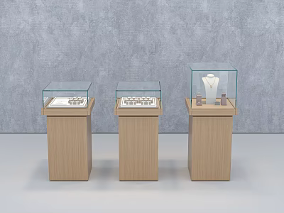 Elegant Jewelry Pieces Showcased on Wooden Display Stands With Glass Cases 3d model