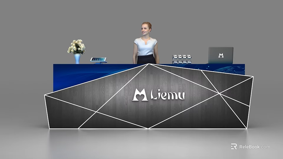 Modern Liemu Reception Desk With Female Receptionist Flowers Tablet Calendar And Laptop 3d model 