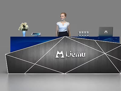 Modern Liemu Reception Desk With Female Receptionist Flowers Tablet Calendar And Laptop 3d model