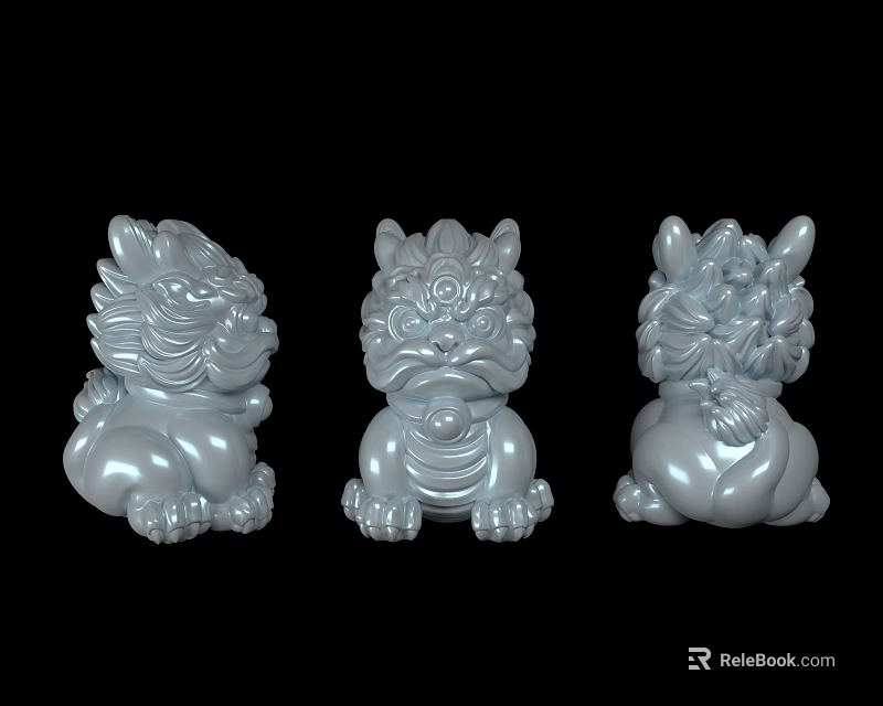 Three Silver Lion Sculptures With Intricate Details Shown From Different Angles 3d model 