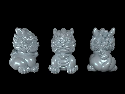 Three Silver Lion Sculptures With Intricate Details Shown From Different Angles 3d model