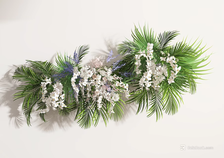 Elegant Floral Display Design With Green Palm Leaves And White Flowers 3d model 