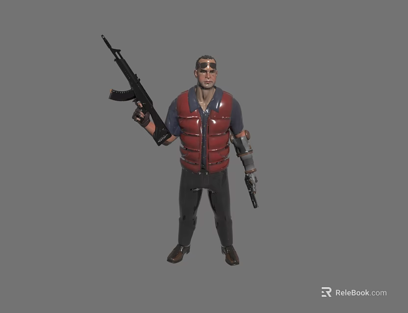 Game Movie Character In Red Vest With Goggles Holding Rifle And Pistol 3d model 