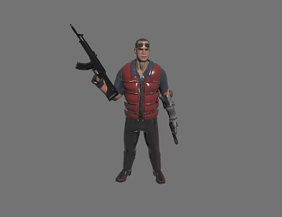Game Movie Character In Red Vest With Goggles Holding Rifle And Pistol 3d model
