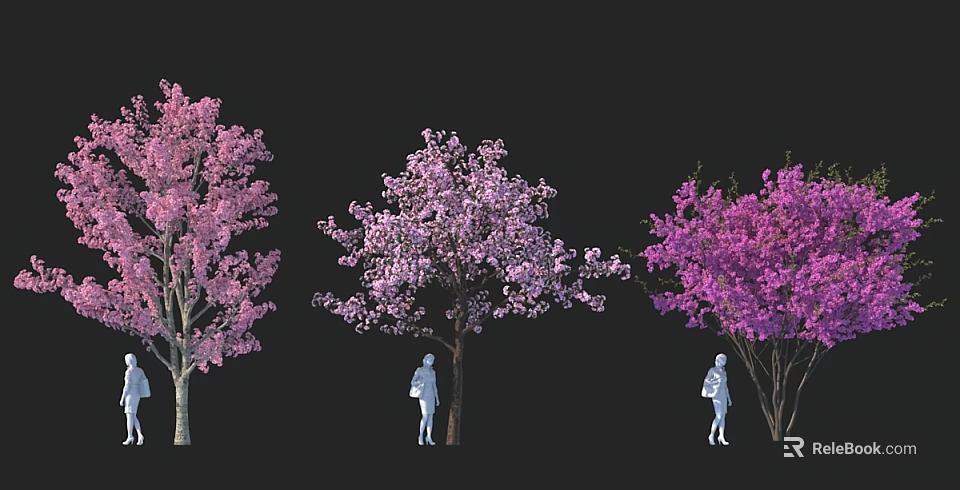 Three Flowering Arbors with Pink Purple Violet Blooms and Human Silhouettes Below 3d model 