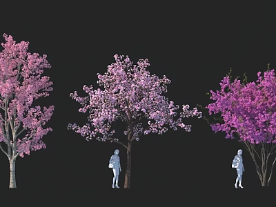 Three Flowering Arbors with Pink Purple Violet Blooms and Human Silhouettes Below 3d model
