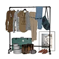 Stylish Clothes on Black Clothes Rack With Green Suitcase Brown Shoes and Artwork