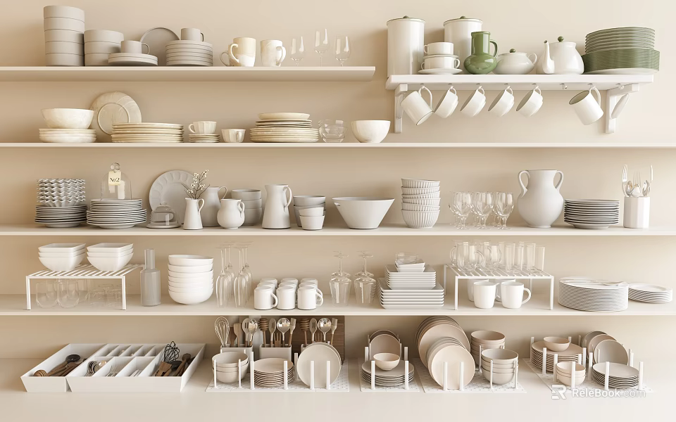 Dinnerware Set with Assorted Plates Cups Bowls Mugs Glasses Jars on Display Shelves 3d model 