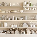 Dinnerware Set with Assorted Plates Cups Bowls Mugs Glasses Jars on Display Shelves