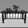 Wooden Dining Table With Arched Black Legs And Decorative Vase Flower Bouquet