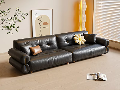 Black Leather Three Seater Sofa With Decorative Cushions Yellow Floor Lamp And Abstract Painting 3d model