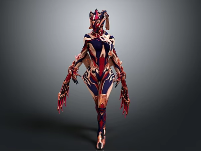 Futuristic Armored Character With Biomechanical Creature Design And Detailed Red Blue White Exoskeleton 3d model