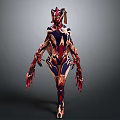 Futuristic Armored Character With Biomechanical Creature Design And Detailed Red Blue White Exoskeleton