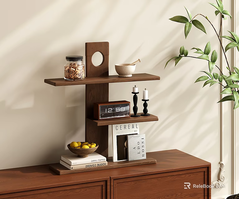 Wooden Three Tier Shelf Displaying Glass Jar Grains White Bowl Clock Candles Books and Fruits 3d model 