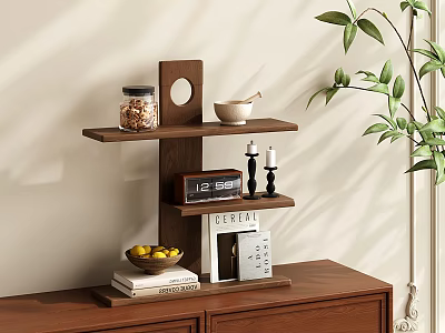 Wooden Three Tier Shelf Displaying Glass Jar Grains White Bowl Clock Candles Books and Fruits 3d model