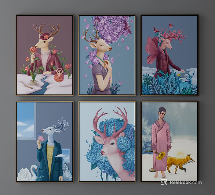 Colorful Animal Paintings with Deer Swan Fox and Human Figures in Floral Backgrounds 3d model 
