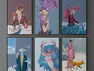 Colorful Animal Paintings with Deer Swan Fox and Human Figures in Floral Backgrounds 3d model