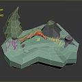 Cartoon Forest Scenery with Orange Fox Green Tree Small Cabin Fallen Log and Stump