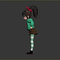 Woman In Green Hoodie Brown Skirt Striped Tights With Red Bow And Ponytail