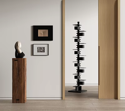 Carved Bust Sculpture With Tall Black Stacked Structure On Wooden Pedestal Against Wall In Display Space 3d model