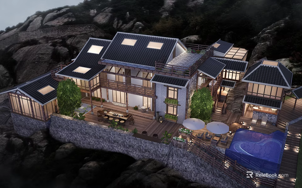 Scenic Rocky Mountain Guesthouse With Black Roof Skylights Wooden Terrace And Swimming Pool 3d model 