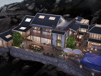 Scenic Rocky Mountain Guesthouse With Black Roof Skylights Wooden Terrace And Swimming Pool 3d model