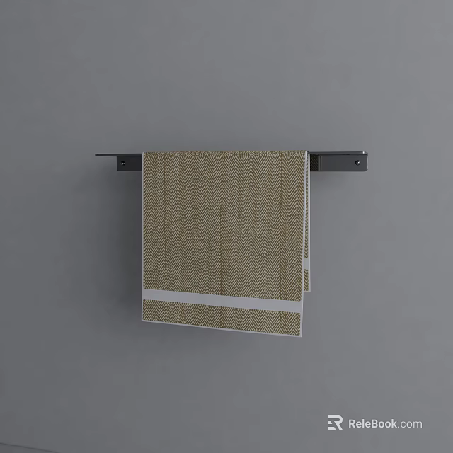 Beige Towel With White Stripe Hanging On Black Rack Against Gray Background 3d model 