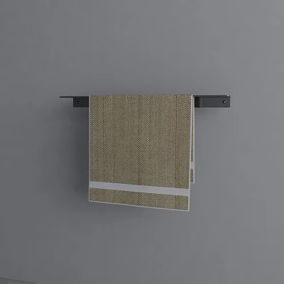 Beige Towel With White Stripe Hanging On Black Rack Against Gray Background 3d model