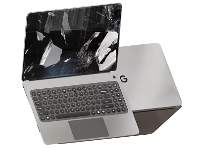 Modern Silver Laptop With Broken Glass Effect Display Black Keyboard And G Logo Device 3d model