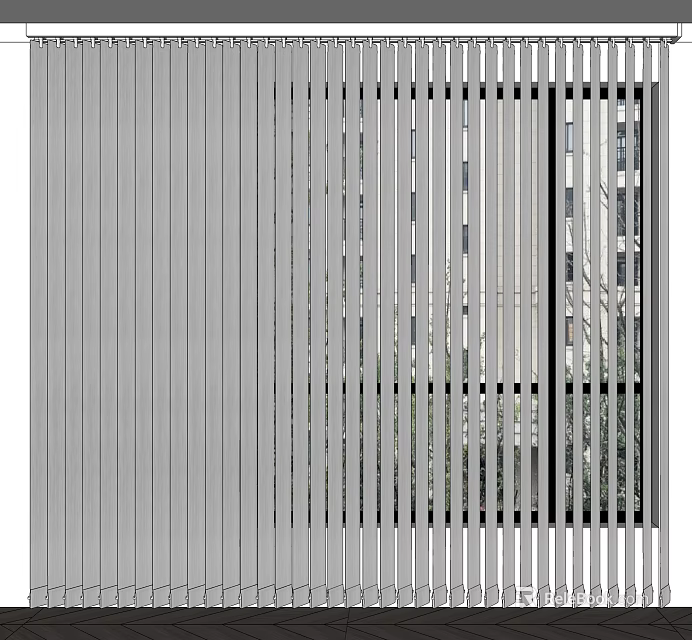 Modern Vertical Venetian Blinds Covering Window With Green Outdoor View 3d model 