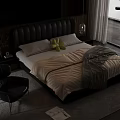 Stylish Bedroom Interior With Black Headboard White Sheets Yellow Pillows Gray Blanket And Black Chair