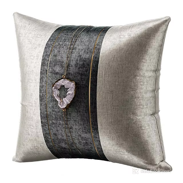 Gray Linen Decorative Pillow With Dark Vertical Stripes And Pink Gemstone Accent Detail 3d model 
