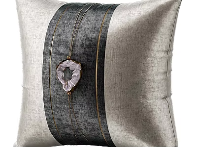 Gray Linen Decorative Pillow With Dark Vertical Stripes And Pink Gemstone Accent Detail 3d model