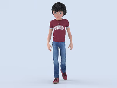 Man With Black Hair Maroon T-shirt White CHAMP Text Blue Jeans Red Shoes Light Blue Background 3d model
