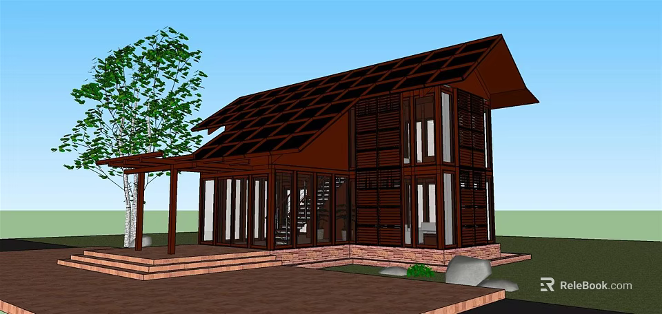 Modern Detached Villa with Dark Brown Roof Wooden Structure Large Windows and Stone Decor 3d model 