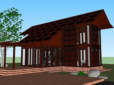 Modern Detached Villa with Dark Brown Roof Wooden Structure Large Windows and Stone Decor 3d model