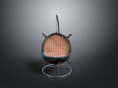 Stylish Hanging Chair With Checkered Pattern Cushion And Metal Stand Steering Wheel Design 3d model