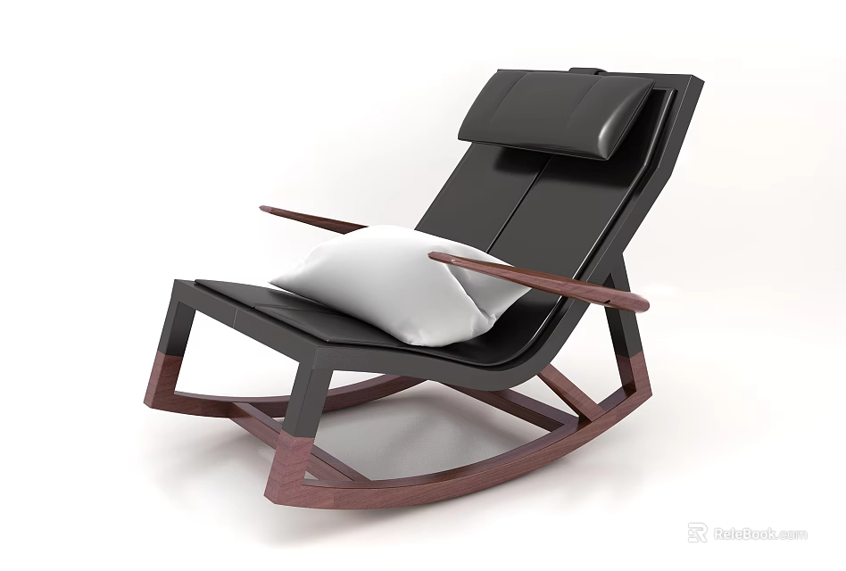 Modern Black Leather Leisure Chair With Wooden Armrests White Cushion And Wooden Base 3d model 