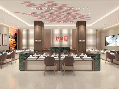 Luxury Jewelry Store Interior Design With Elegant Display Counters Chairs And Ceiling Decor 3d model