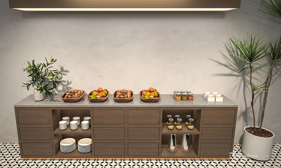 Modern Dark Brown Sideboard With Fruit Baskets Nuts Spice Jars Cups And Potted Plants 3d model 